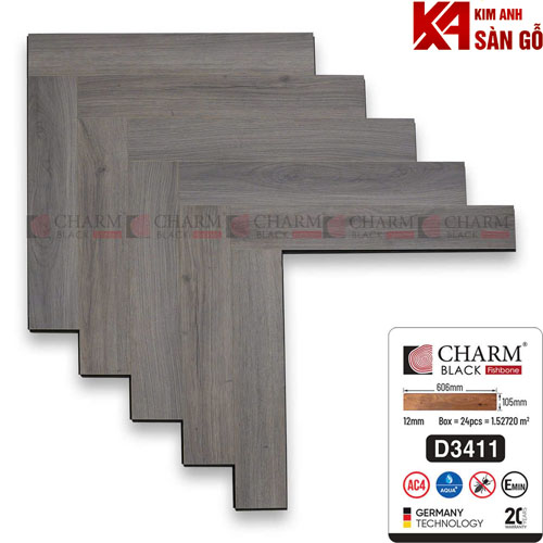 Sàn Gỗ Xương Cá 12mm Charm Cốt Đen D3411